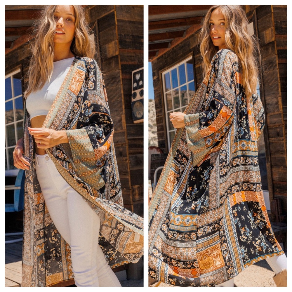 Boho Chic Multi Color Printed Long Kimono - Picture 3 of 4